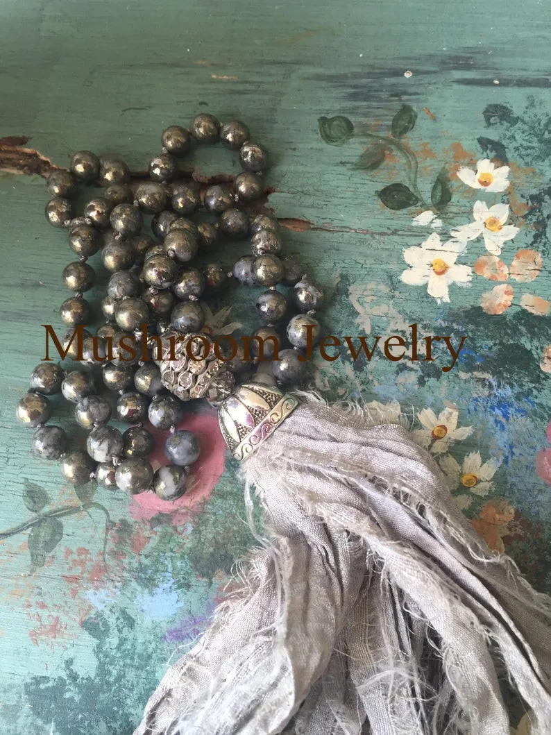 Boho узлом Пирит Камень Цепочки и ожерелья сари ожерелье с шелковой кисточкой