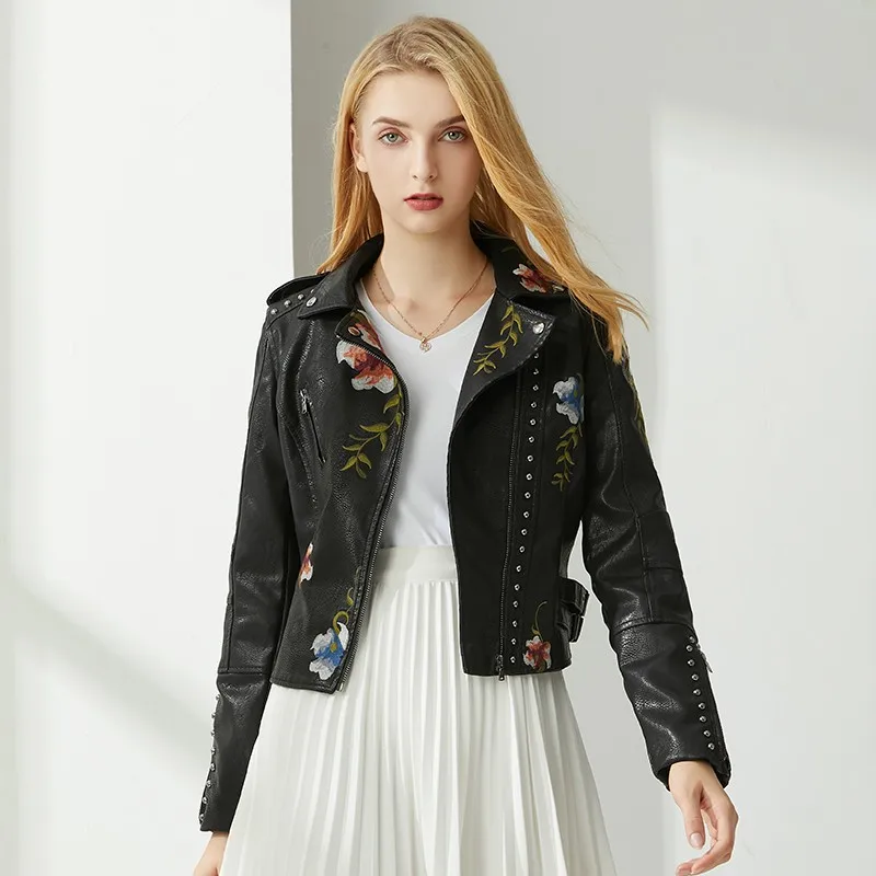 

Autumn Women Floral Print Embroidery Pu Faux Leather Jacket Streetwear Punk Style Biker Turn Down Collar Black Coat