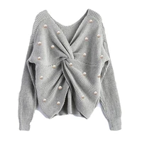 sexy deep v neck loose womans sweater long sleeve with plastic pearl irregular backless knitted jumpers female pullovers