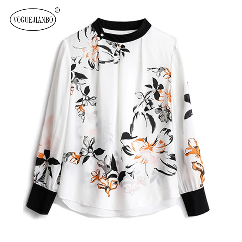 

Silk cotton shirt ladies long sleeve spring and autumn new temperament white retro printing loose silk top ropa mujer blusas
