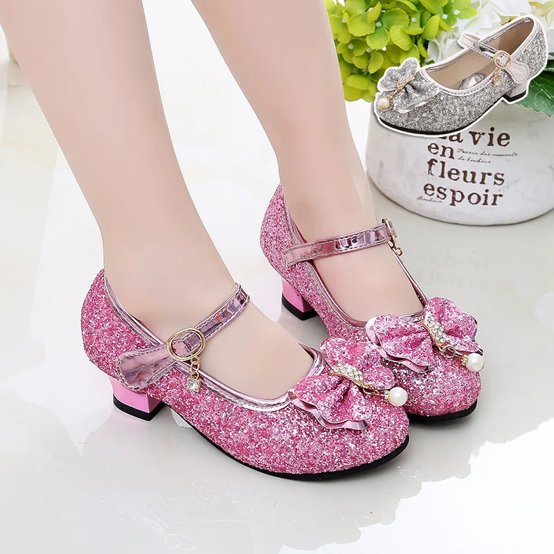

2021 Autumn Princess Kids Leather Shoes for Girls Bow Casual Glitter Children High Heel Butterfly Knot Student Performance Shoes