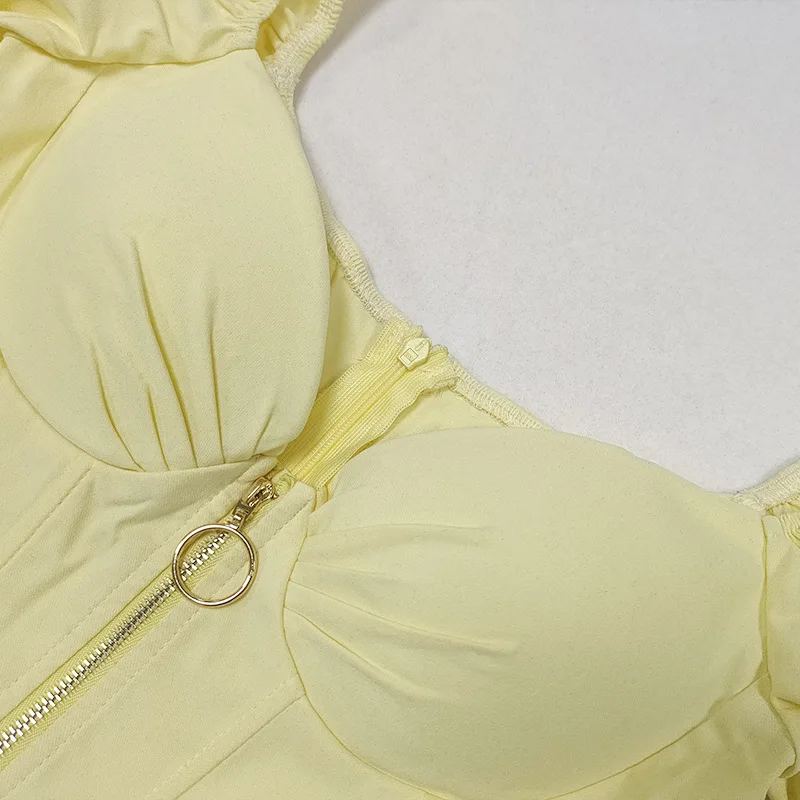 

Nightclub Party Women Dress Yellow Short Puff Sleeve Strapless Bodycon Vestidos New Fashion Zippers Mini Dresses