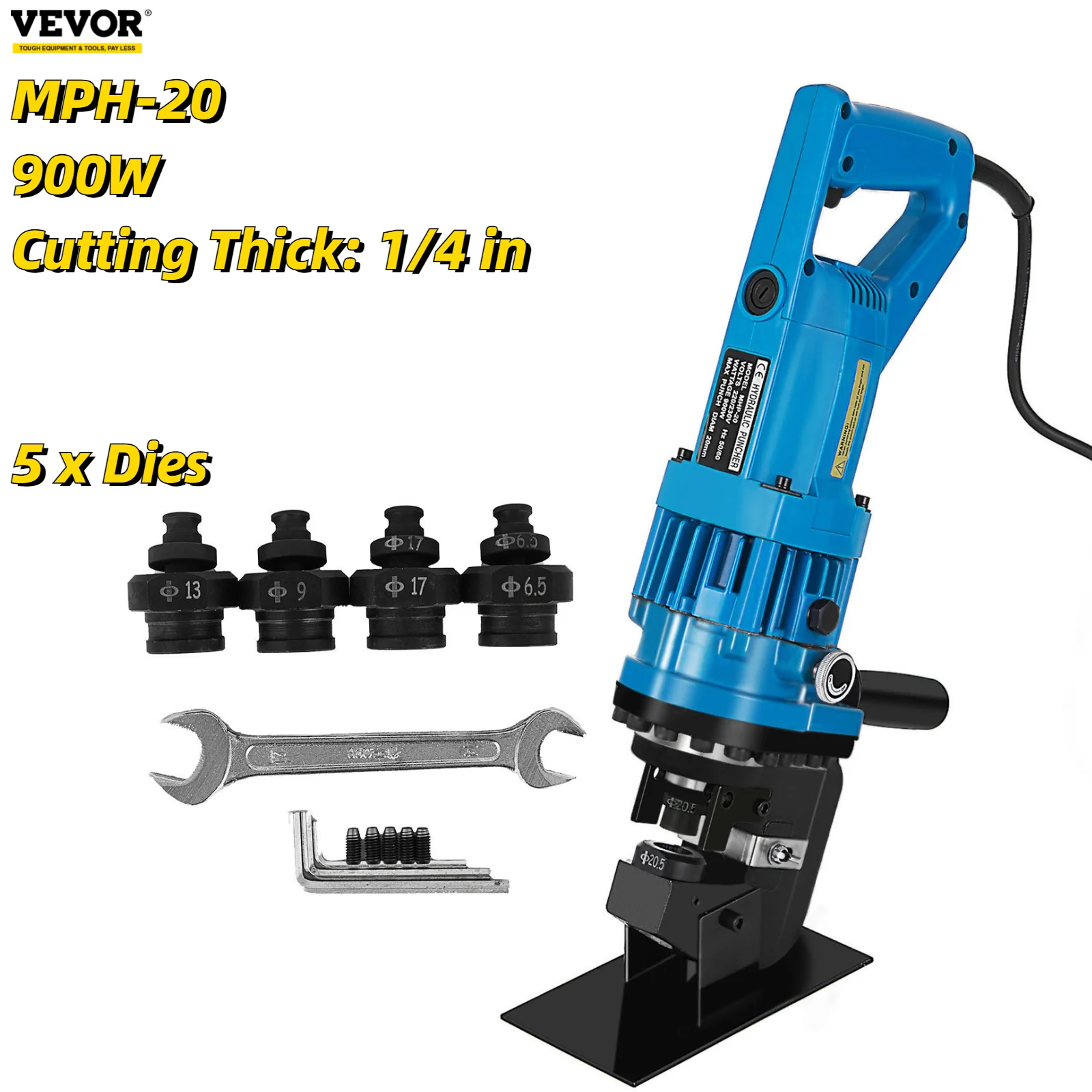 VEVOR MHP-20 900W Electric Handy Hydraulic Hole Puncher 6mm Knockout Punch Tools 5 Dies Set on Steel Plate Aluminum Iron Plate