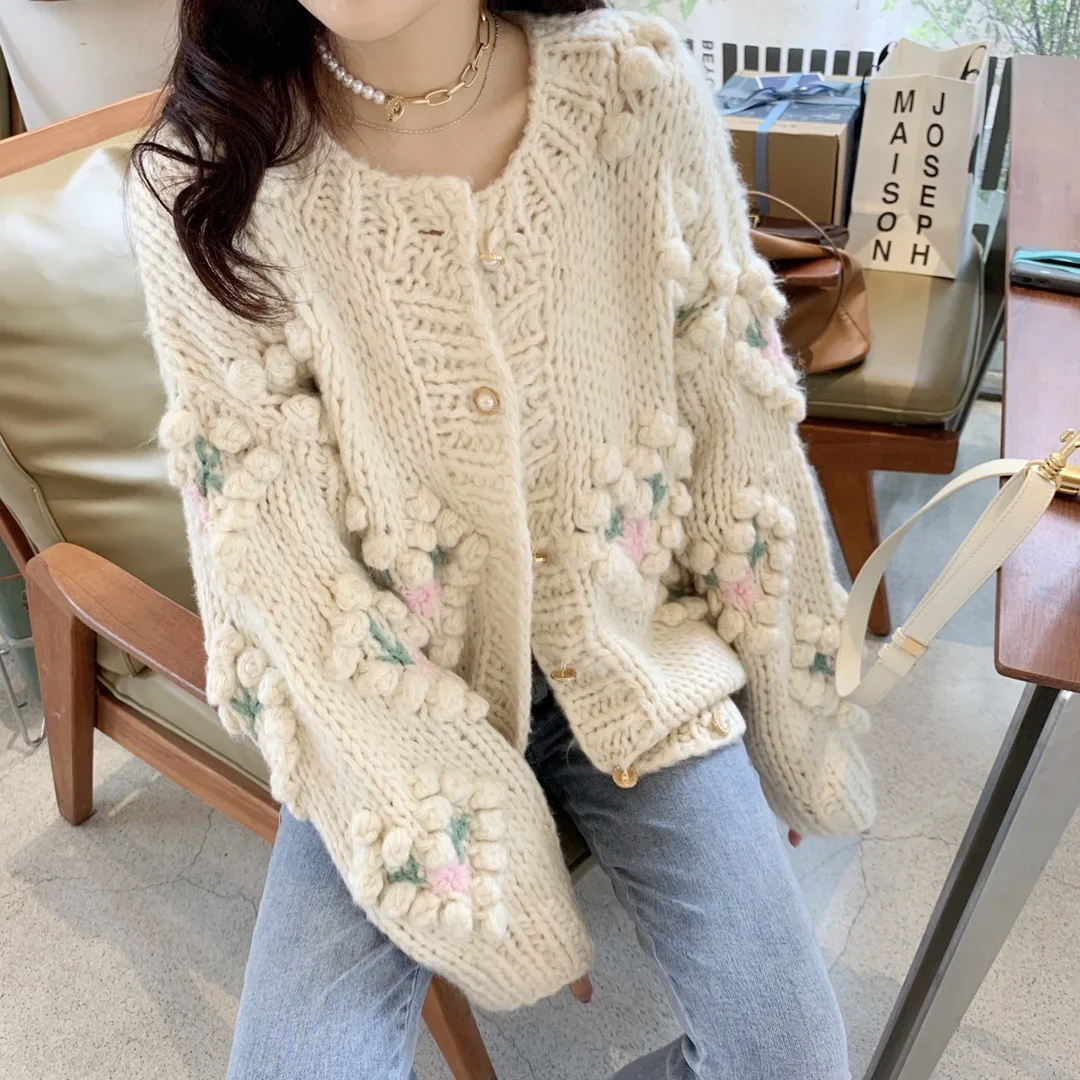

Women's New Retro Forest Round Neck Long-Sleeved Hand-Crocheted 3D Single-Breasted Loose Knit Sweater College Style Coat Sweater