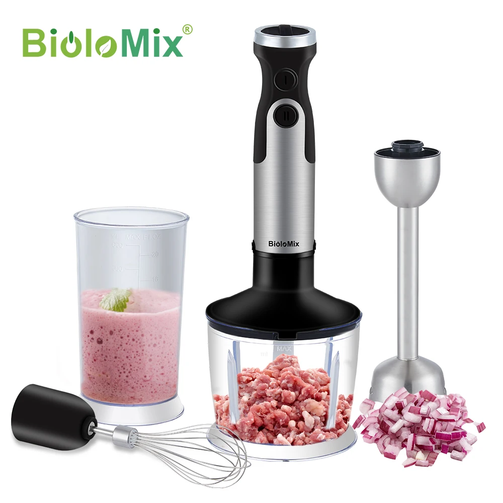

Погружной блендер BioloMix 4 в 1, 1200 Вт, миксер, измельчитель для овощей и мяса, 800 мл, венчик, чашка для смузи 600 мл