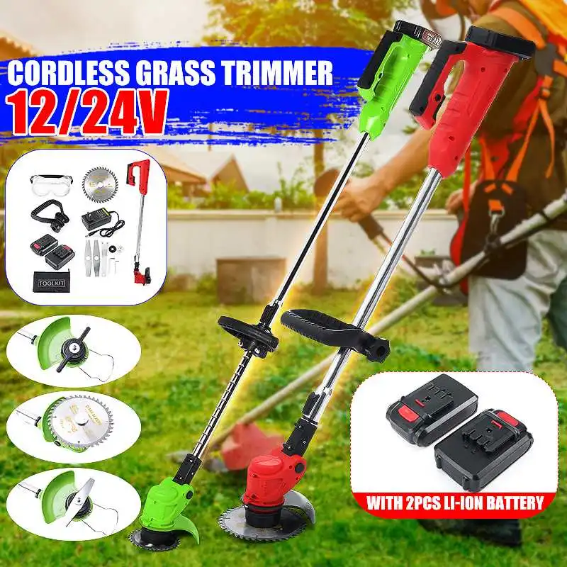 

12V/24V Cordless Electric Lawn Mower Adjustable Working Angle Electric Grass Trimmer Garden Tool+2Pcs 2000mAh Li-ion Battery