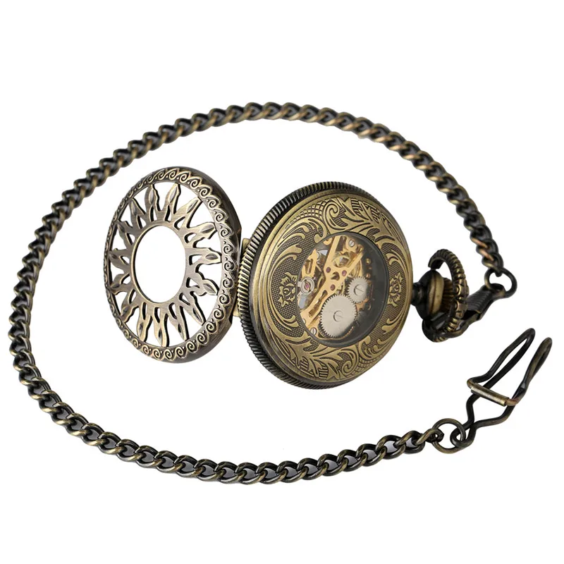 Antique Bronze Hollow Sun Flower Case Design Skeleton Handwind Mechanical Pocket Watch Gift to Men Women Roman Number Dial