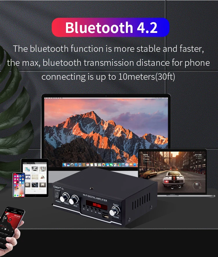 Kinter T2 HiFi усилитель аудио с USB TF входом для Bluetooth FM радио 2.0CH 20 Вт Питание AC и DC 12 В