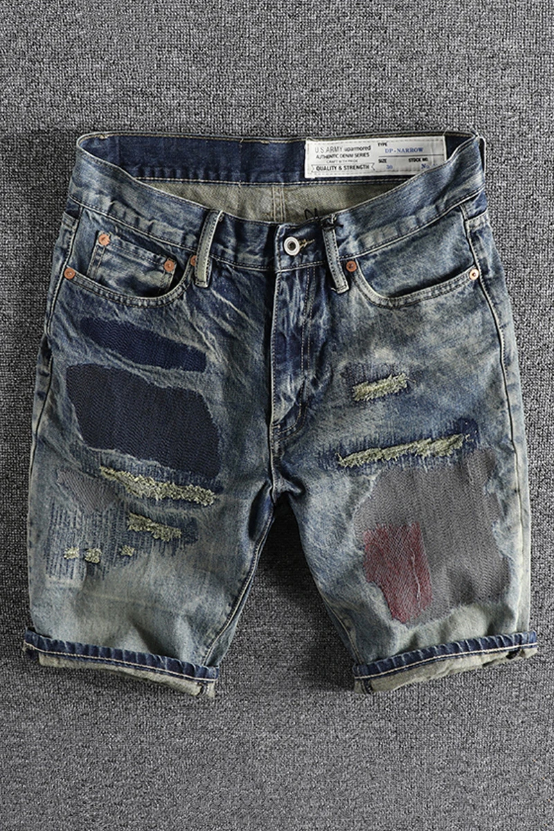 

Men Denim Shorts Heavy Weight Patchwork Vintage Distressed Cowboy Hip Hop Punk Streetwear Zipper Fly Straight Summer Plus Size