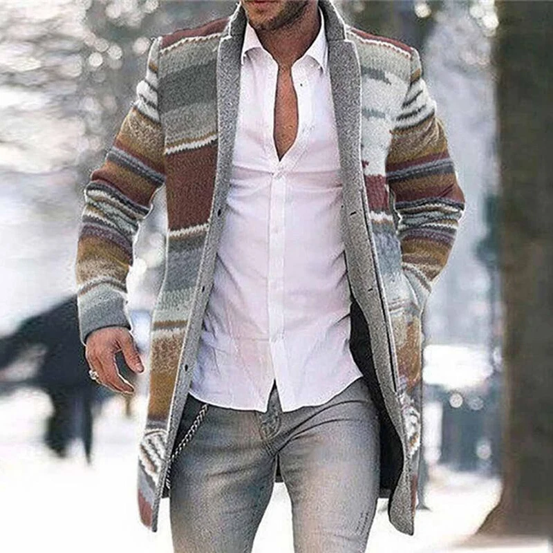 

Autumn Winter Men Vintage Print Warm Coat Windbreaker 2021 Spring Fashion Stand Collar Long Jackets Male Single Breasted Coat