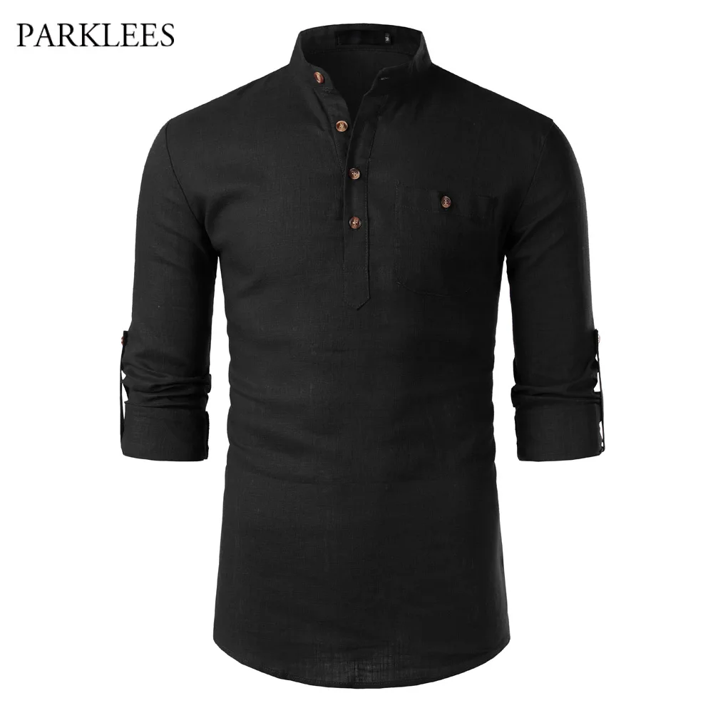 Мужская Однотонная рубашка из хлопка и льна Повседневная деловая с воротником