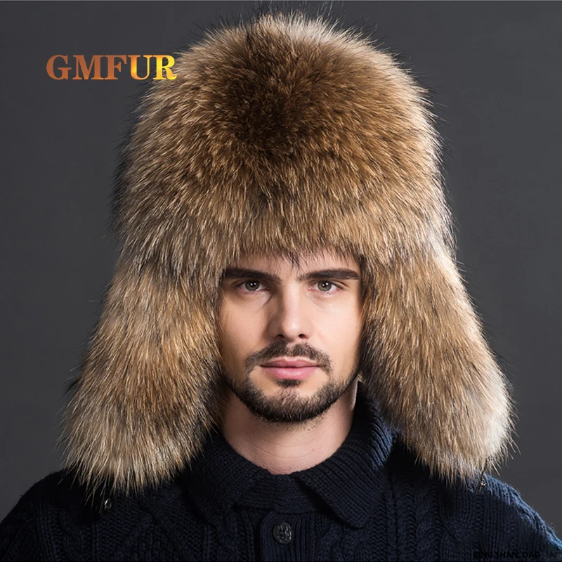 Russian Men Real Fur Hats Fox Bomber Hat  Outdoor Casual Raccoon Sliver Fur Beanies Hombre Earmuffs Cap Winter Leifeng Hats