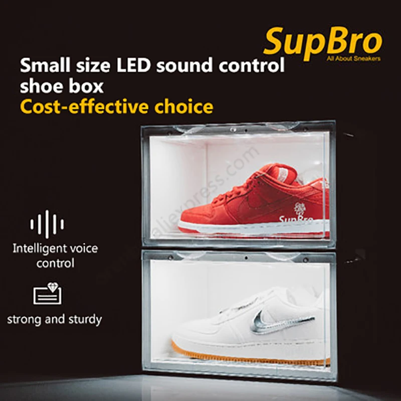 

NEW SupBro Crate Small Size LED Voice Activated Light Emitting Collection Shoes Box Side Opening Sneaker Storage Box Shoe Wall