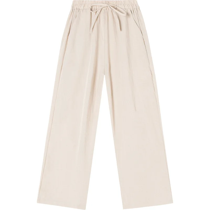 

2021 Spring Summer High Waist Cotton Linen Straight Pants Casual Women Elastic Waist Strawstring Plus Size Wide Leg Pants
