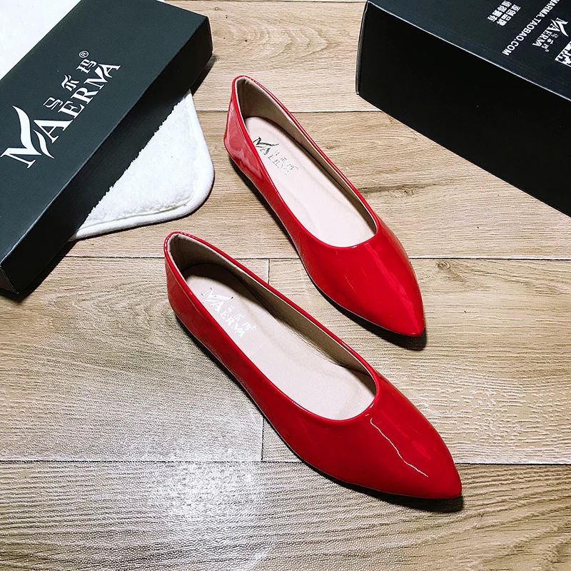

Women Flats Pu Leather Pointed Toe Lady Flat Heel Shoes Solid Color Red Black White Green 31-46 Extra Big Size Slip on Basic