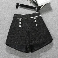 tweed shorts female autumn and winter ladies high waisted pearl button all match wide leg chic outer wear bootcuts fashion short