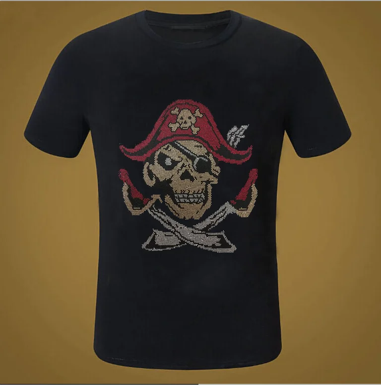 

Hot drill fashion man tees pirate design with Rhinestones summer t-shirt fashion cotton men's cotton top