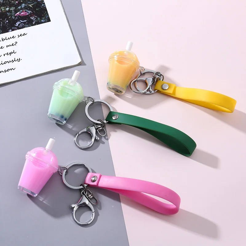 

Cute The KeyChain Creative Milk Tea Cup Chain Liquid Crystal Quicksand Sequin Key Ring Bag Pendant for Women Metal Hook Key Ring
