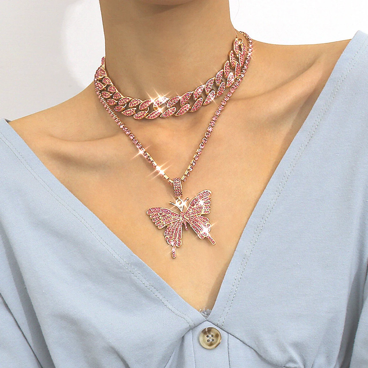 

Iced Out Butterfly Necklace Set Cuban Link Chain Choker Necklace Gifts for Women Butterfly Chains Bling Hip Hop Pendant Jewelry