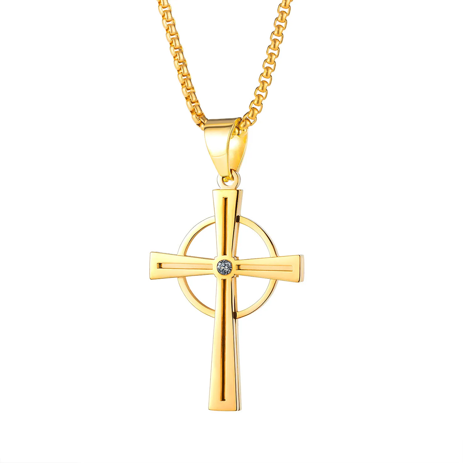 

Men Cross Necklace Luxury Gold Color Circle Pendant Stainless Steel Chain Choker Length 55CM Pride Party Fashion Gift 2021 New
