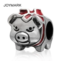 small pig with red bowknot enameled 925 silver beads sterling silver charm beads fit european fashion jewelry sepb2102