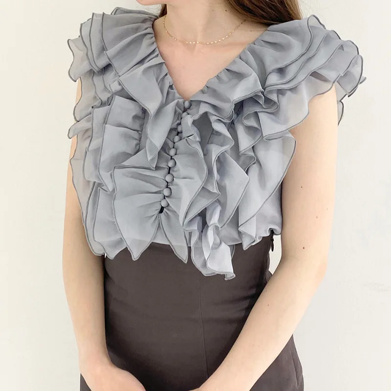 

Семья 2021 S сезон весна-лето новые милые фея с v-образным вырезом в виде листка лотоса с летящими рукавами на шнуровке шифоновая рубашка