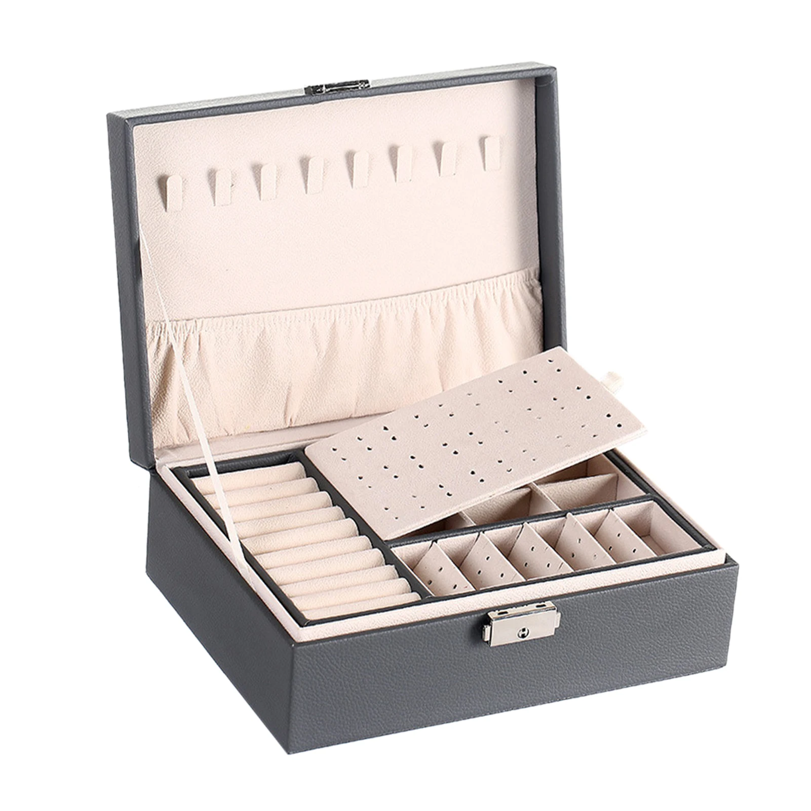 

PU Leather With Lock Dressing Table Jewelry Organizer Drawer Stud Earrings Display Box Desktop Double Layers Gifts Multifunction
