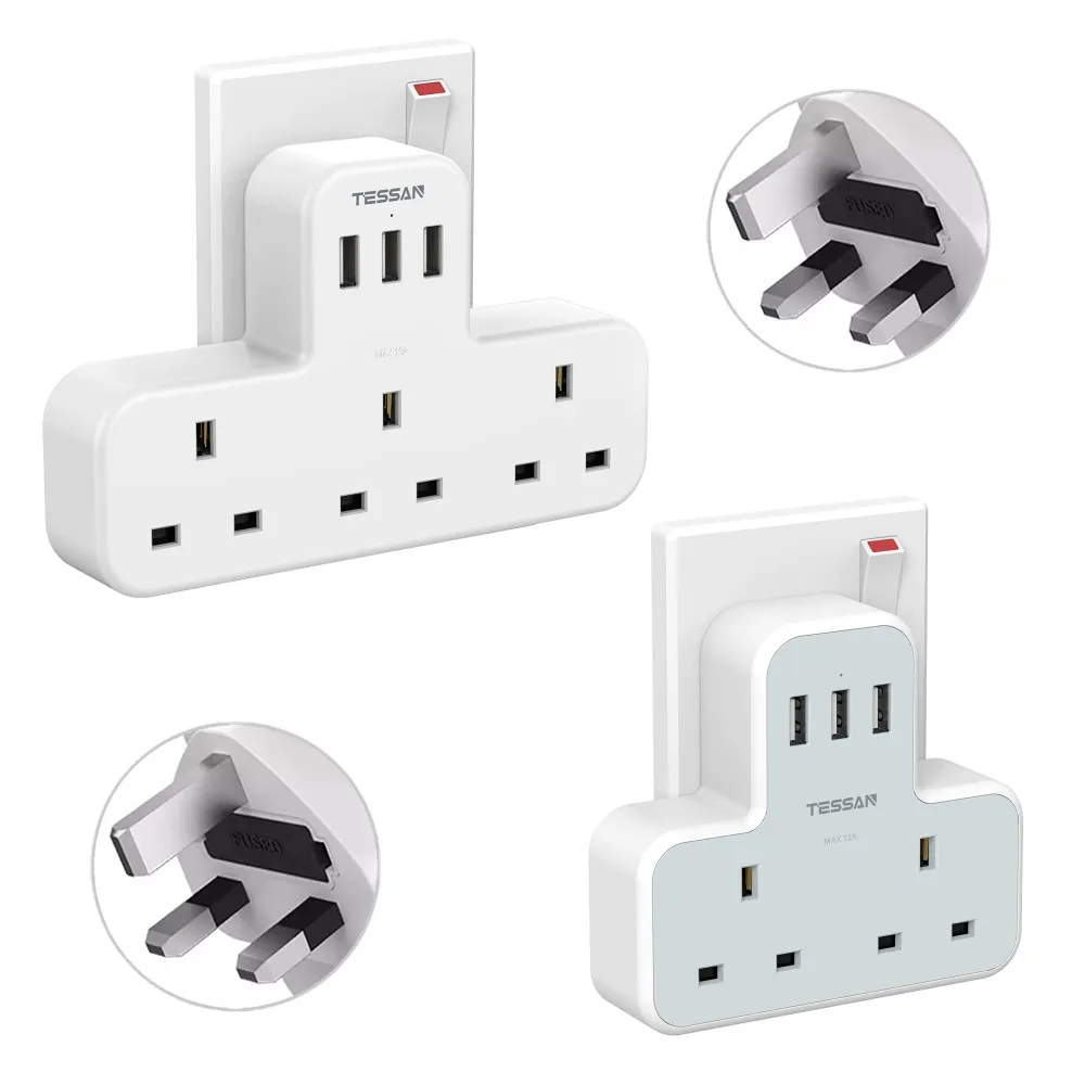 

TESSAN Multiple Socket UK Standard Plug Power Strip With 3 USB Ports and 3 Way Outlets Wall USB Socket Charger Adapter for Home