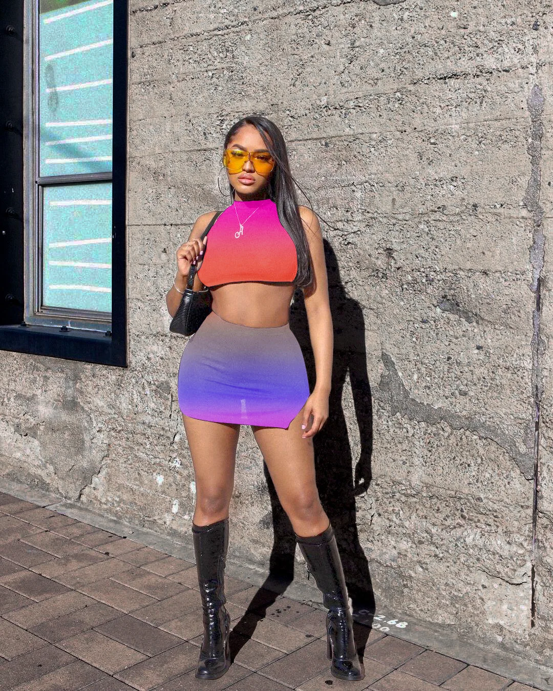 

Purple Sexy Gradient Color Split O-Neck Sleeveless Two-Piece Suit