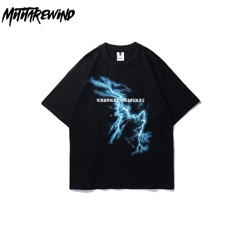 

Summer T Shirt Men Hip Hop Skull Lightning Print Short Sleeve T Shirts High Street Fashion Mens Casual Loose Cotton Tops Tees