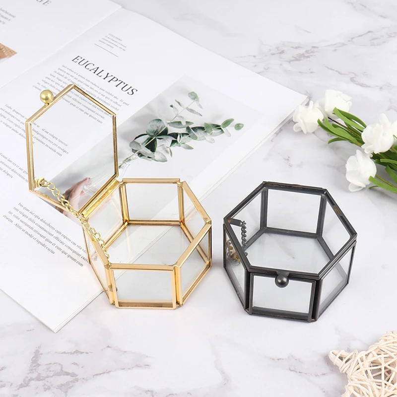 Jewelry Organizer Holder Tabletop Containe Hexagon Transparent Glass Ring Box Wedding Ring Box Geometric Clear Glass Jewelry Box