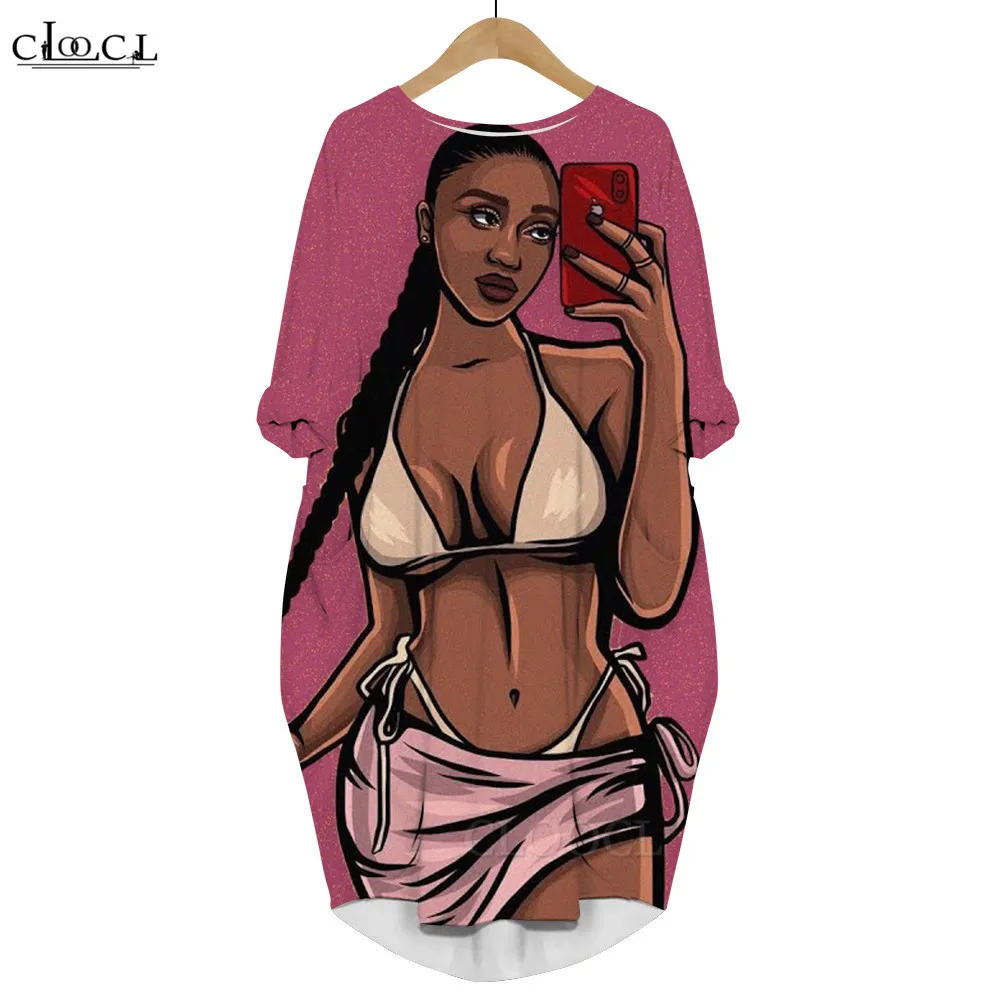 

CLOOCL Popular Cartoon Women Dresses Africa Girls Print Dress Casual Long Sleeve Pockets Dress Casual Harajuku Streetwear
