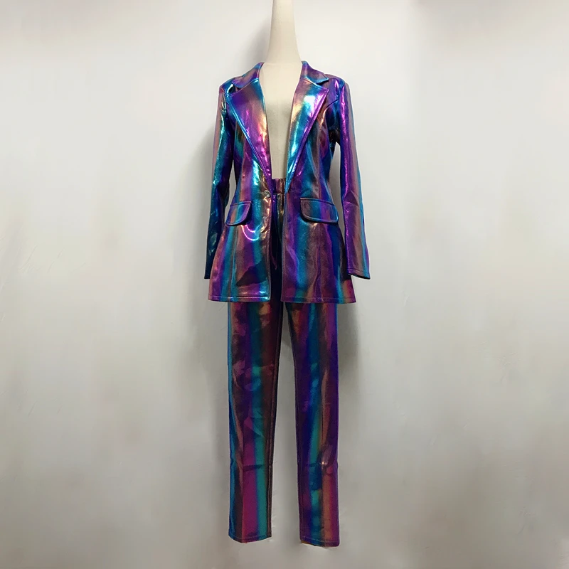 Фиолетовый красочный сексуальный женский костюм в полоску куртка брюки для