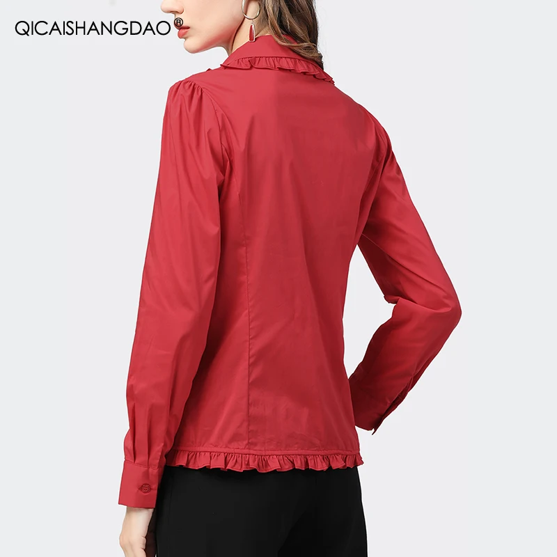 

Red Women' Shirt Fashion Notched V-Neck Ruffles Edge Cotton Tops Elegant Slim 2021 Spring Blouses New Ladies Office Casual Shirt