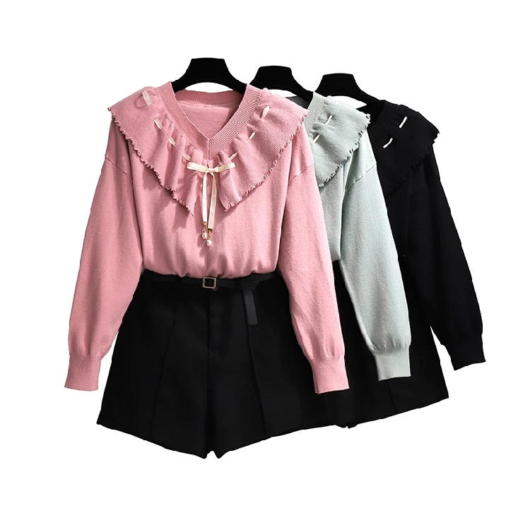 

Sweet Joker Falbala Doll Led Long Sleeve Knit High Waist Shorts Suit Women 2 Pcs Clothing Set Leisure Knitwear Outfit V Neck