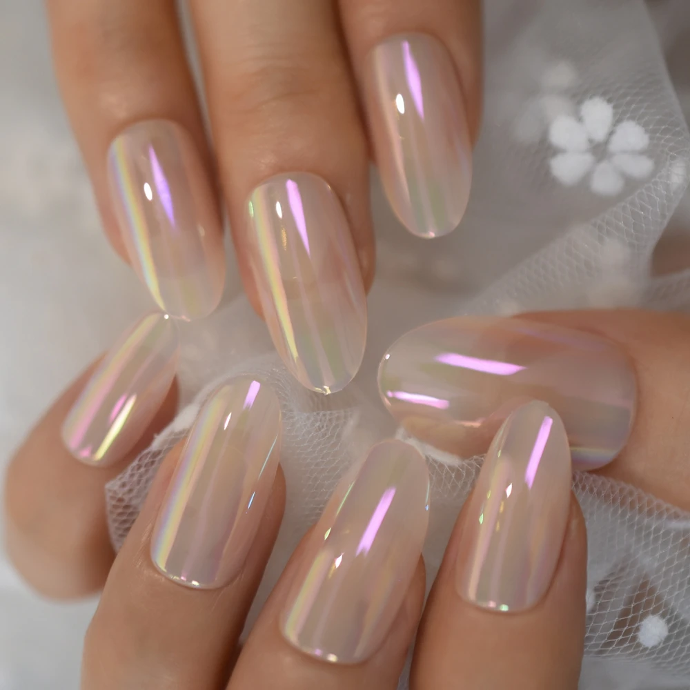 

Накладные ногти Holo Aurora Neon Press on Длинные хамелеоновые хромированные овальные накладные УФ-ногти бесплатно клейкая лента