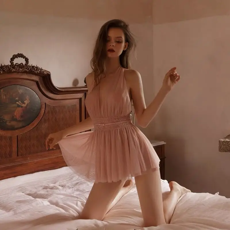 

Пикантная сетчатая Ночная рубашка в стиле принцессы, Французская женская красивая кружевная белая ночная сорочка, имитация женской домашн...