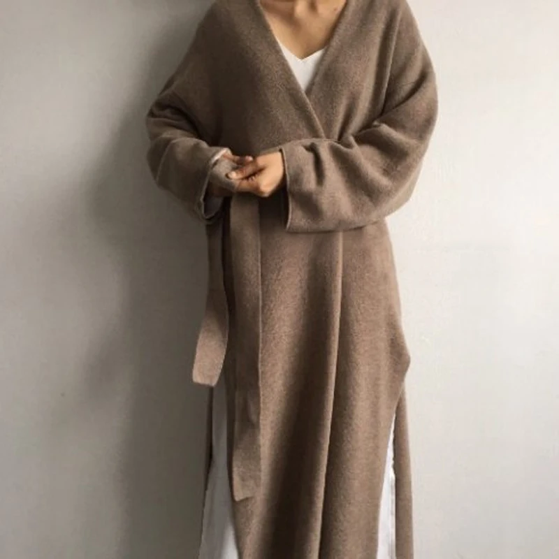 

Cotton Solid Cardigan Long Sleeve Knitted Sweater Women Open Stitch Casual Sweters Long Coat Autumn Winter Loose 1008