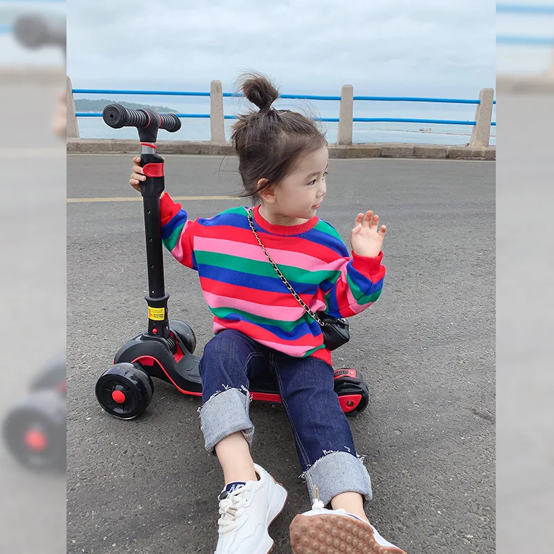 

Осенний полосатый свитер для девочек, Радужный пуловер с круглым вырезом, рубашка с длинным рукавом, детский топ