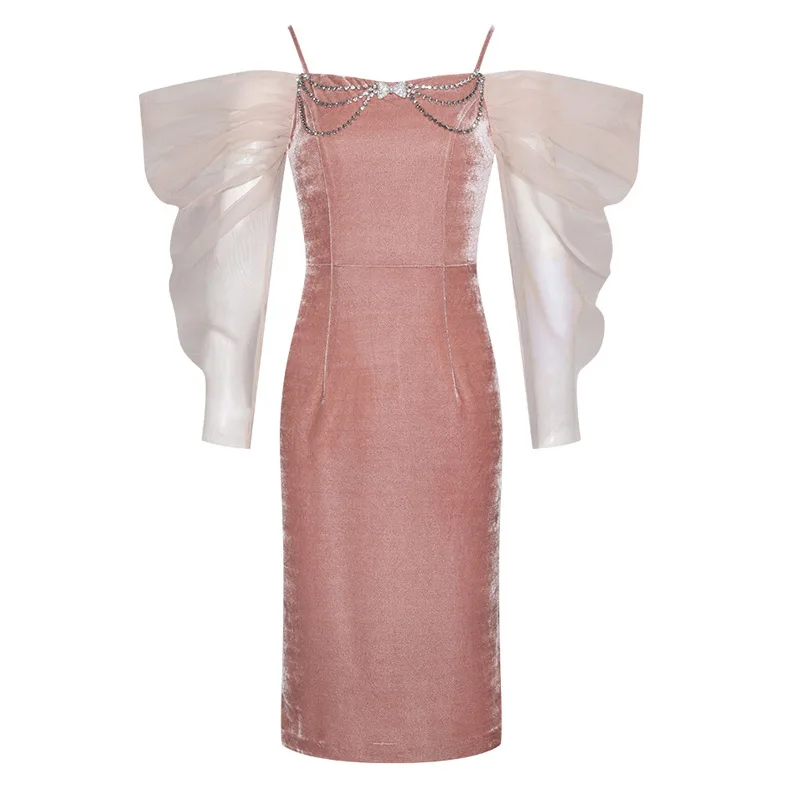 

Алмазы из бисера с открытыми плечами прозрачные сетчатые рукава по колено пикантное платье с оболочками розовые бархатные вечерние платья