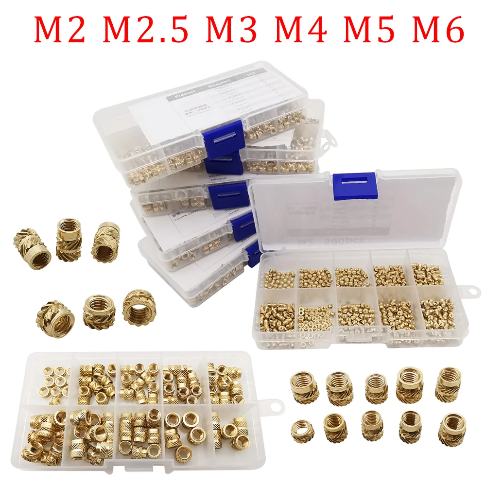 

90-500Pcs Brass Hot Melt Inset Nuts Assortment Kit M2 M2.5 M3 M4 M5 M6 Thread Copper Knurled Threaded Insert Embedment Nuts Set