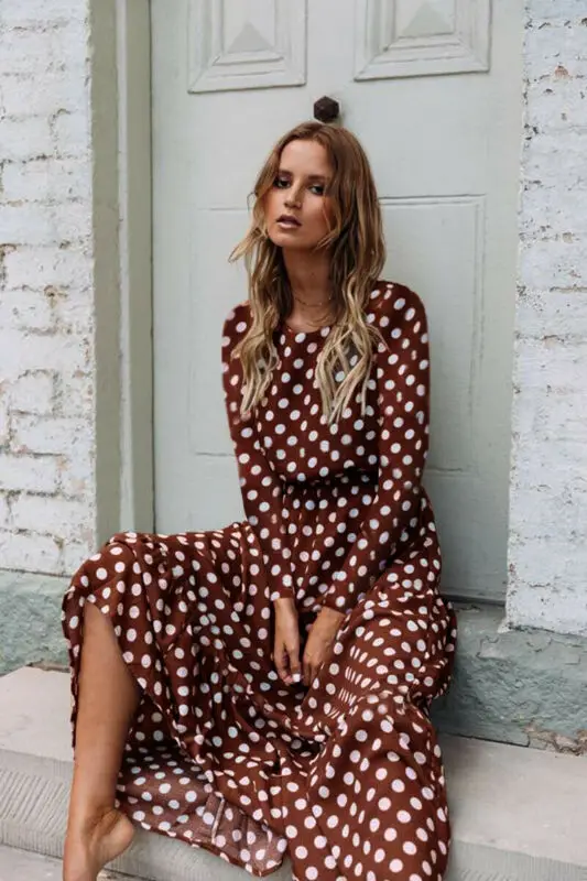 Женское осеннее длинное платье с цветочным принтом и длинными рукавами высокой