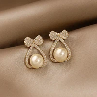 new elegant and exquisite zircon bow pearl drop earrings for woman 2021 korean fashion jewelry party girl temperament earrings