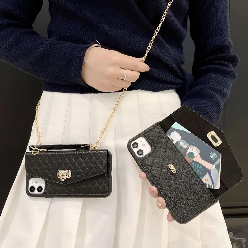 

Fashion Plaid Leather Card Holder Phone Case For iPhone 12 11 Pro XR XS Max X 8 7 Plus Luxury Strap Soft Silicone Lanyard Cover