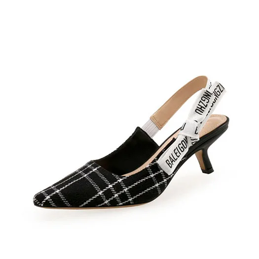 Black Plaid 6cm В горошек новинка меш туфли на низком каблуке Указательный палец Размер 4 34 насосы Slingback черный средняя пятка стилет галстук-бабочка сандалии новая Лето китайская мода Китай - Цвет: Black Plaid 6cm