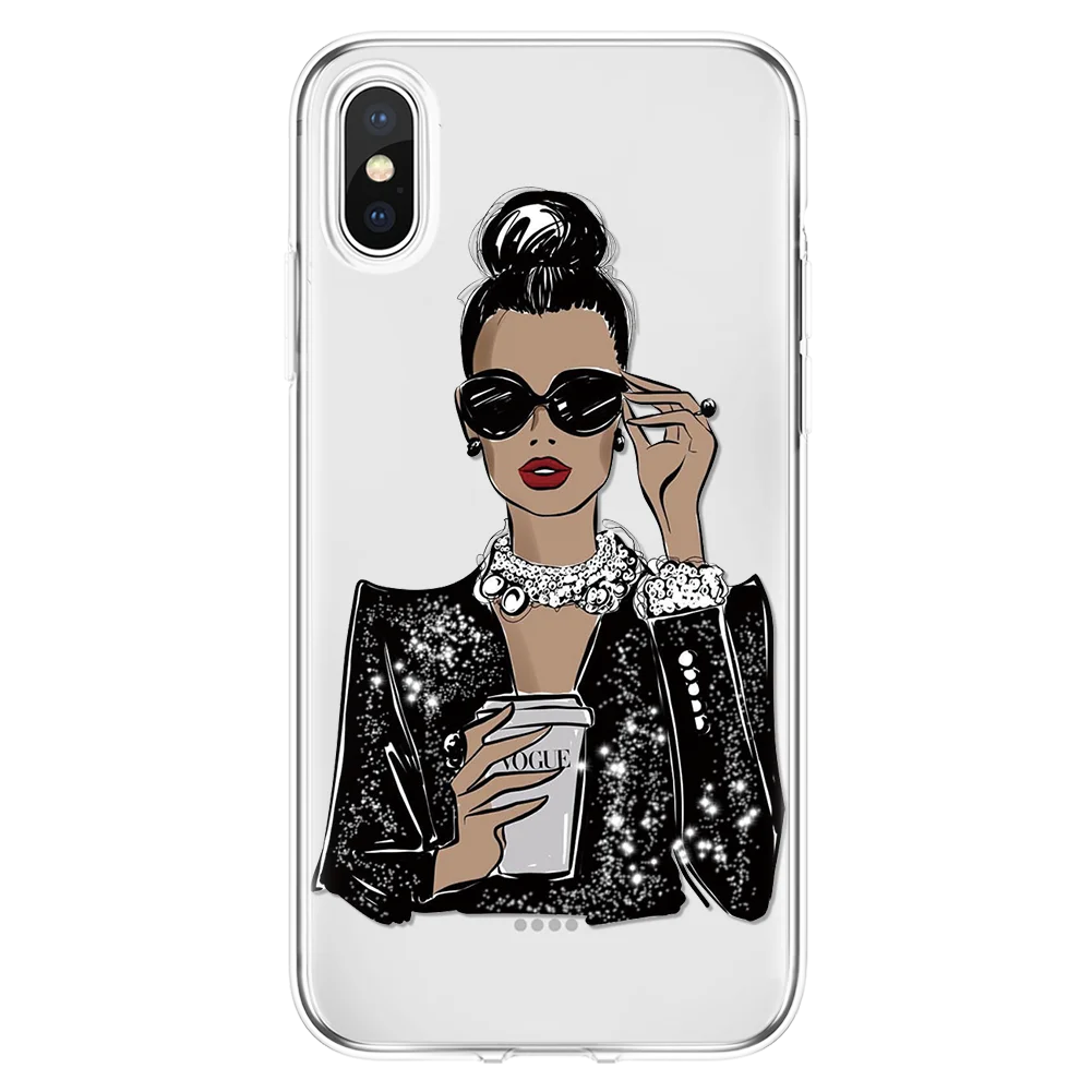 Модный черный коричневый Чехол для девочки с волосами босс кофе королева iPhone XR X XS