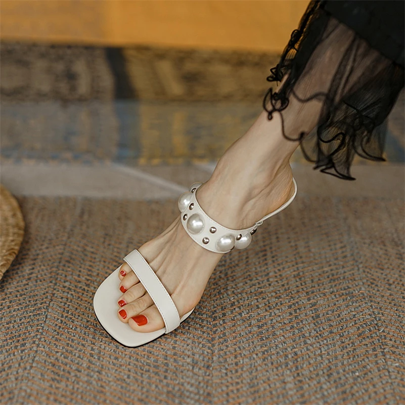 

Meotina Slippers Shoes Women Genuine Leather Square Toe Sandals High Thin Heels Slides Cow Leather String Bead Summer Shoes 40