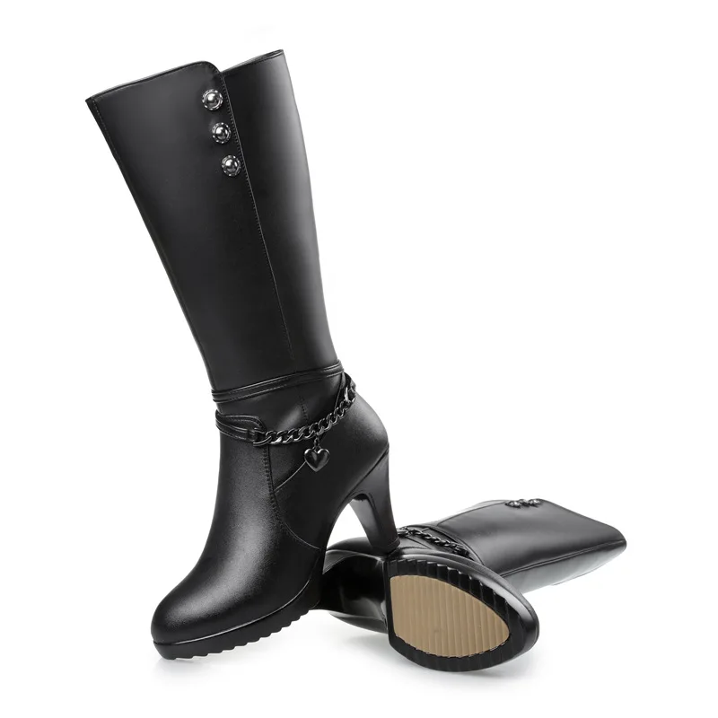 Woman boots high-heeled 2019 Genuine Leather motorcycle boots. thick wool warm winter female fashion long-barreled 758 | Обувь