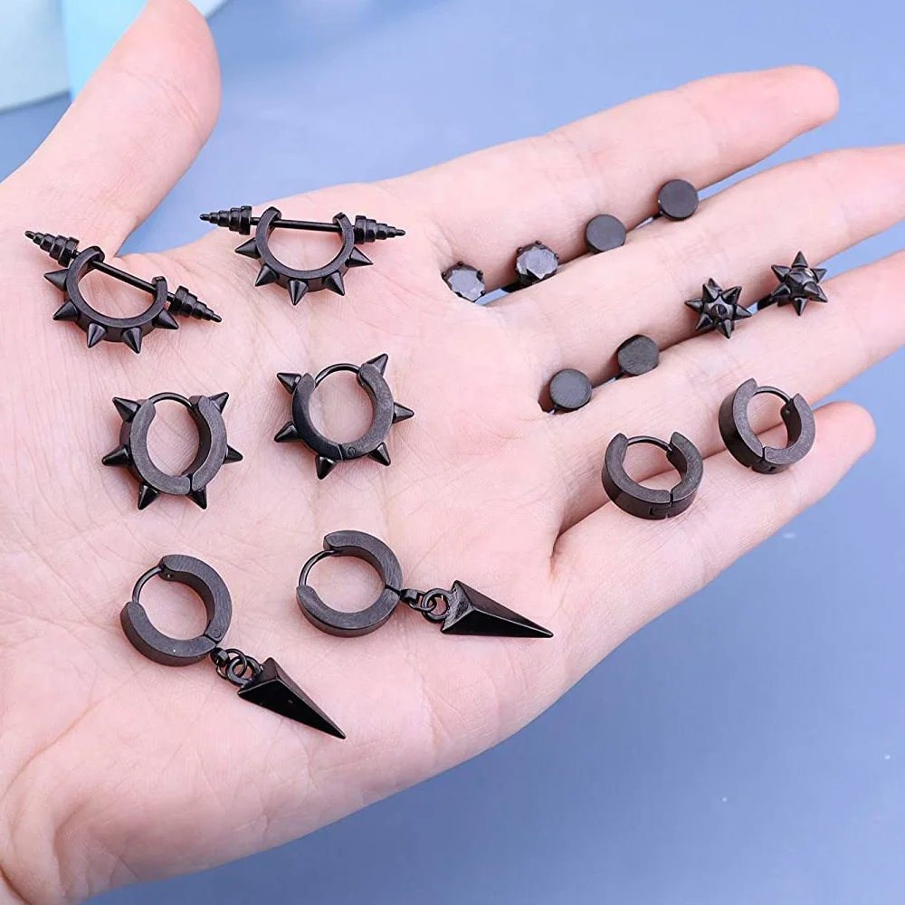 

8 Pairs Black Stainless Steel Spike Stud Earrings for Women Men CZ Huggie Earring Punk Triangle Dangle Small Hoop Earrings Set