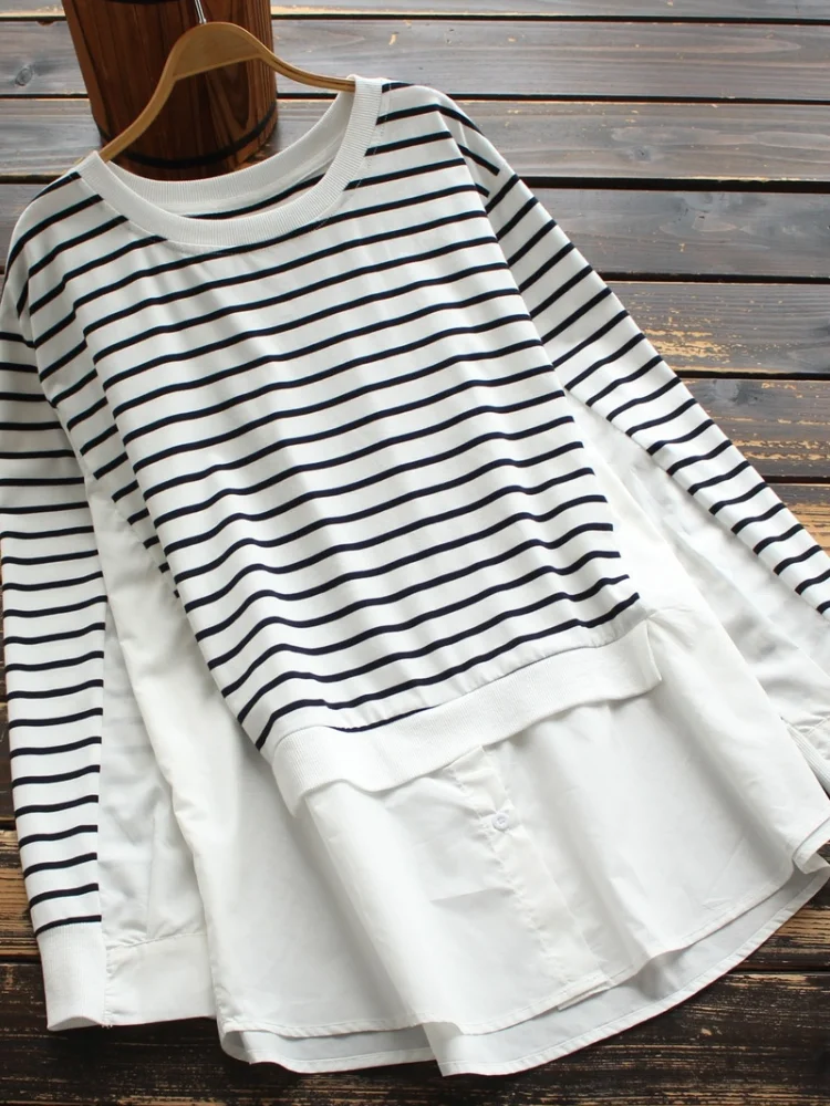 

Fake 2 Pieces Women T-Shirts Summer Vintage 2021 Patchwork Striped Loose Long-Sleeved Casual Female Pulls Tops Tees